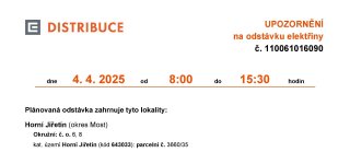 ‼ Oznámení o plánovaném přerušení dodávky elektrické energie č. 110061016090