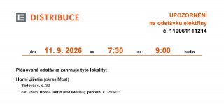 Oznámení o plánovaném přerušení dodávky elektrické energie č. 110061111214 a č. 110061111215
