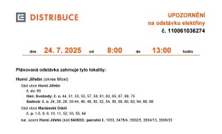 ‼ Oznámení o plánovaném přerušení dodávky elektrické energie č. 110061036274