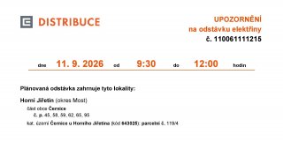 Oznámení o plánovaném přerušení dodávky elektrické energie č. 110061111214 a č. 110061111215