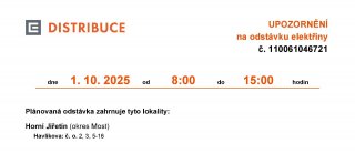 ‼ Oznámení o plánovaném přerušení dodávky elektrické energie č. 110061046721