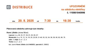 ‼ Oznámení o plánovaném přerušení dodávky elektrické energie č. 110061040996