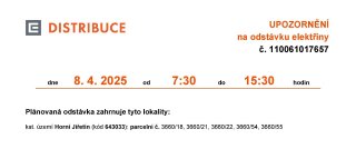 ‼ Oznámení o plánovaném přerušení dodávky elektrické energie č. 110061017657