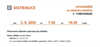 ‼ Oznámení o plánovaném přerušení dodávky elektrické energie č. 110061029254