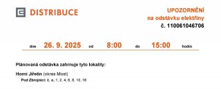Oznámení o plánovaném přerušení dodávky elektrické energie č. 110061046706