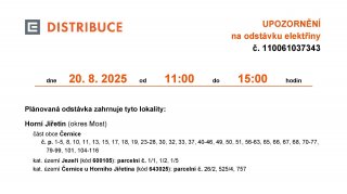 ‼ Oznámení o plánovaném přerušení dodávky elektrické energie č. 110061037343
