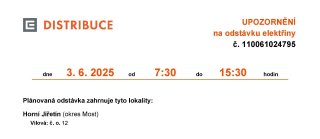 ‼ Oznámení o plánovaném přerušení dodávky elektrické energie č. 110061024795