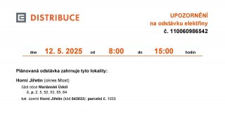 ‼ Oznámení o plánovaném přerušení dodávky elektrické energie č. 110060986542