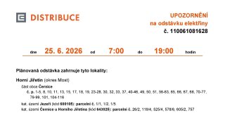 Oznámení o plánovaném přerušení dodávky elektrické energie č. 110061081628